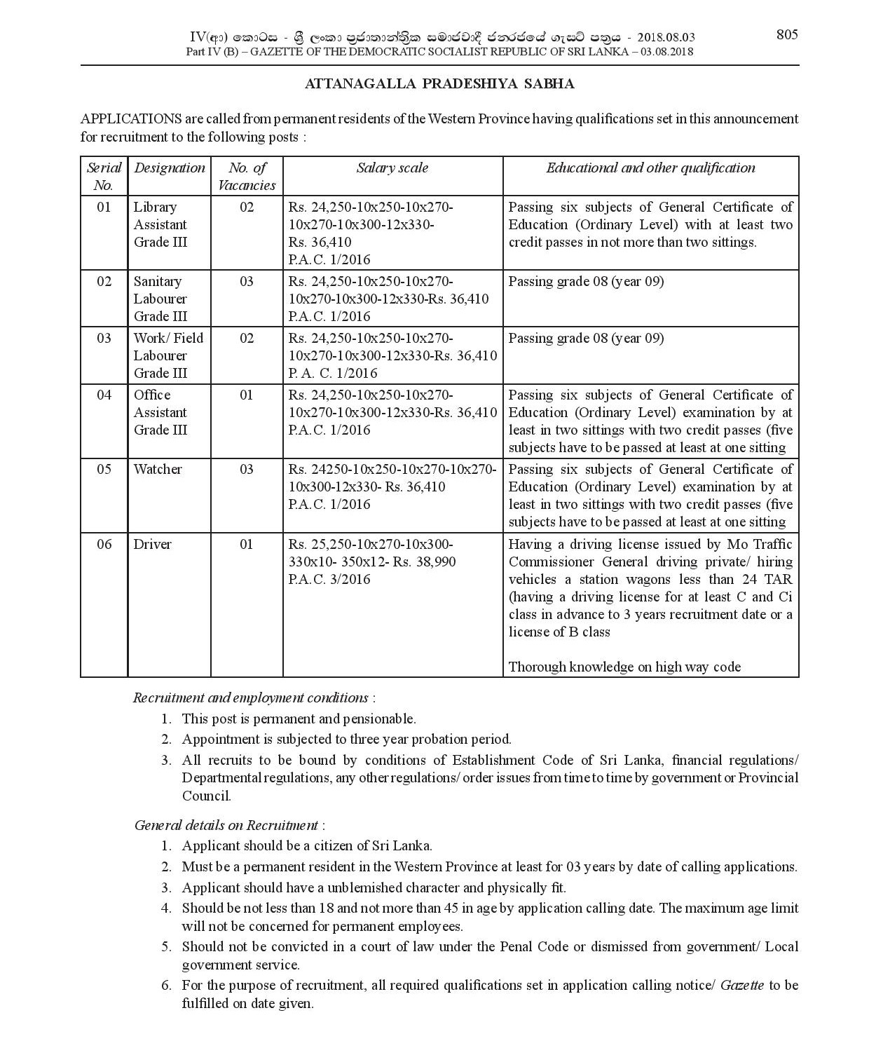 Library Assistant, Sanitary Labourer, Work/ Field Labourer, Office Assistant, Watcher, Driver - Attanagalla Pradeshiya Sabha